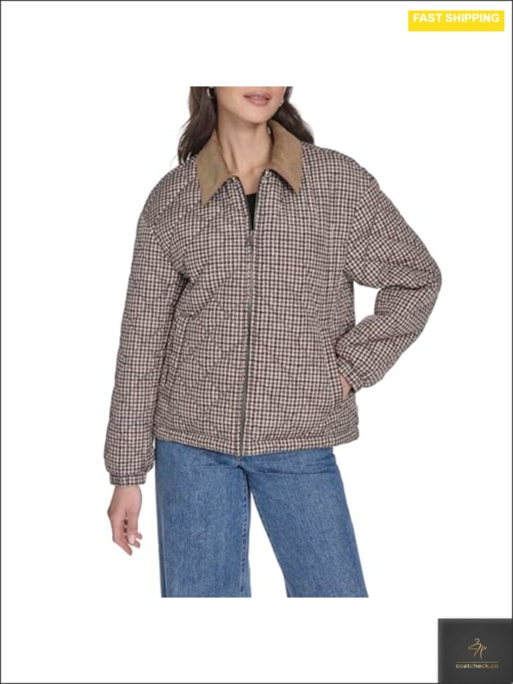 Women's Diamond Quilted Lightweight Jacket with Corduroy Collar, Full Zip,